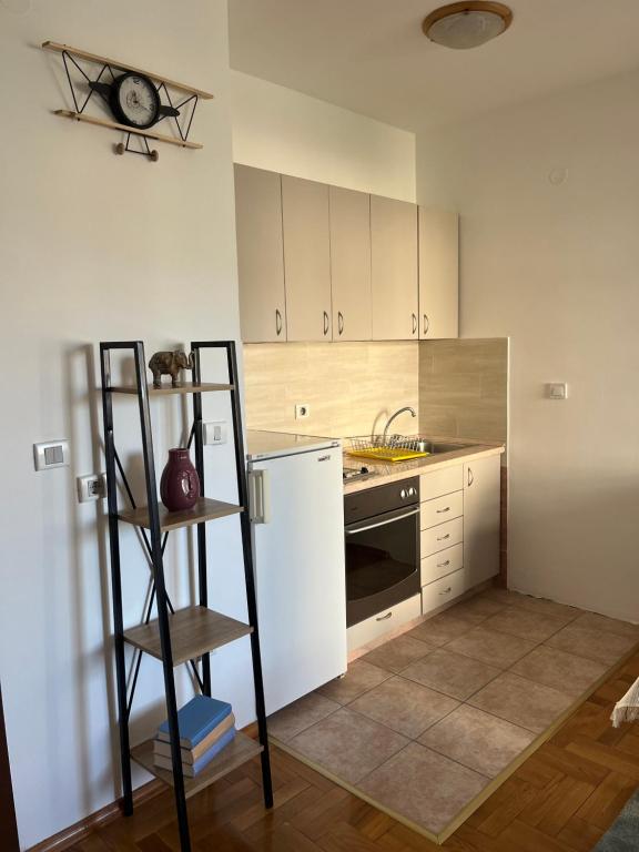 a kitchen with a stove and a shelf in it at Studio 6 in Podgorica