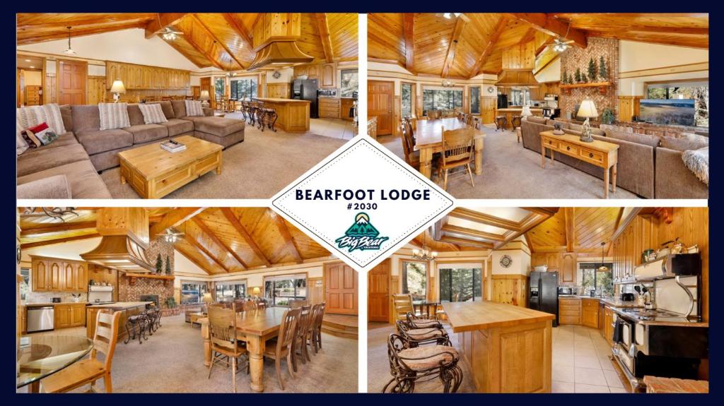 un collage de cuatro fotos de una casa de troncos en 2030-Bearfoot Lodge home, en Big Bear Lake