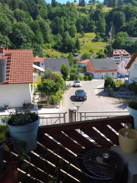 a view from the balcony of a small town with a car at Crissisroom in Zell im Wiesental