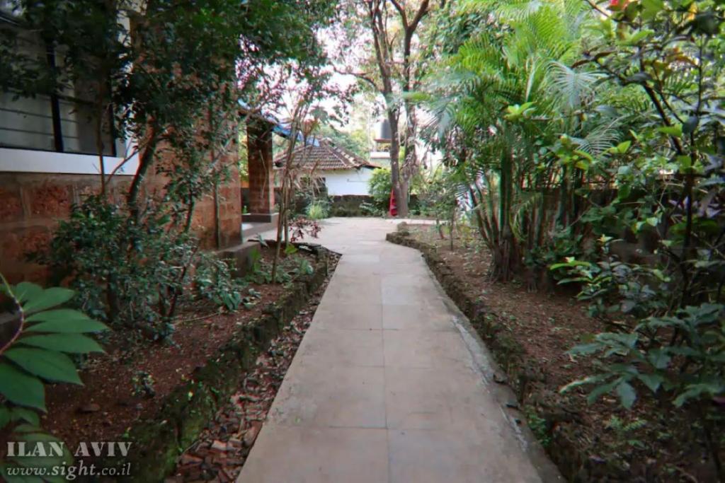 a walkway in the middle of a garden at The Patnem villa in Canacona