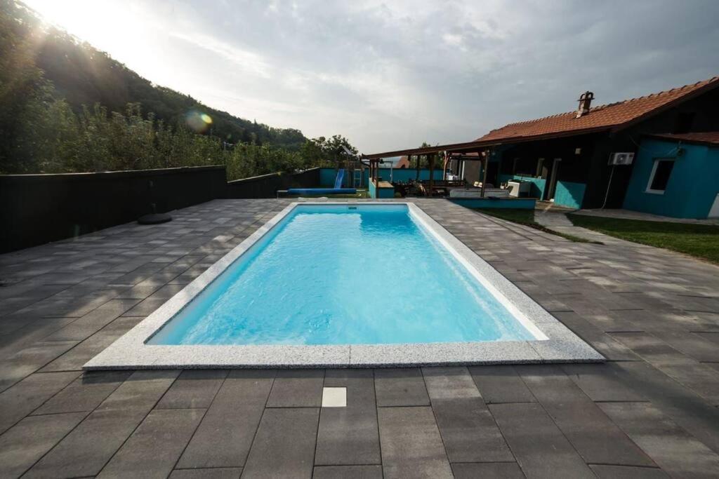 a swimming pool in a yard with a house at BlackMintHouse in Rakovac