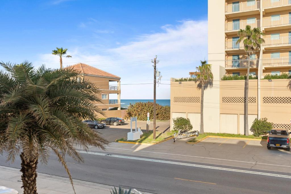 a street with a palm tree next to a building at Beachview Get-AWAY @ Fantasy Circle in South Padre Island