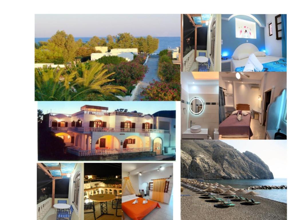 a collage of pictures of a house at Studios-Apartments-Rooms Evelina Beach Pension a breath away from the Black Beach offer private rooms&studios to suit every traveler's needs in Perissa