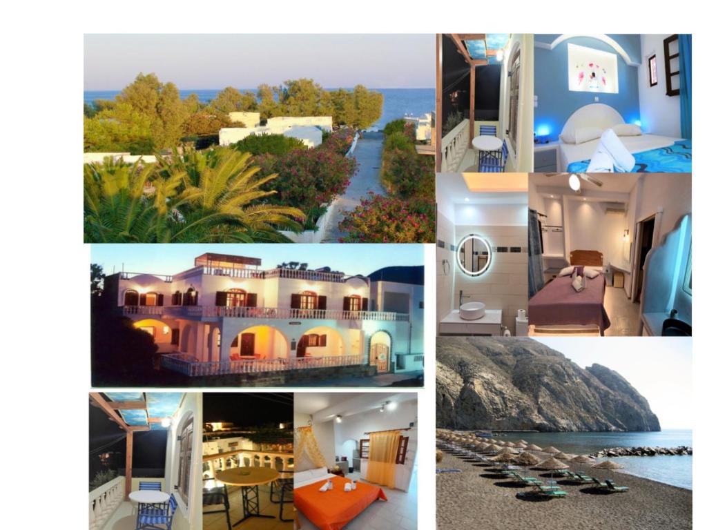 un collage de fotos de una casa en Studios-Apartments-Rooms Evelina Beach Pension a breath away from the Black Beach offer private rooms&studios to suit every traveler's needs, en Perissa