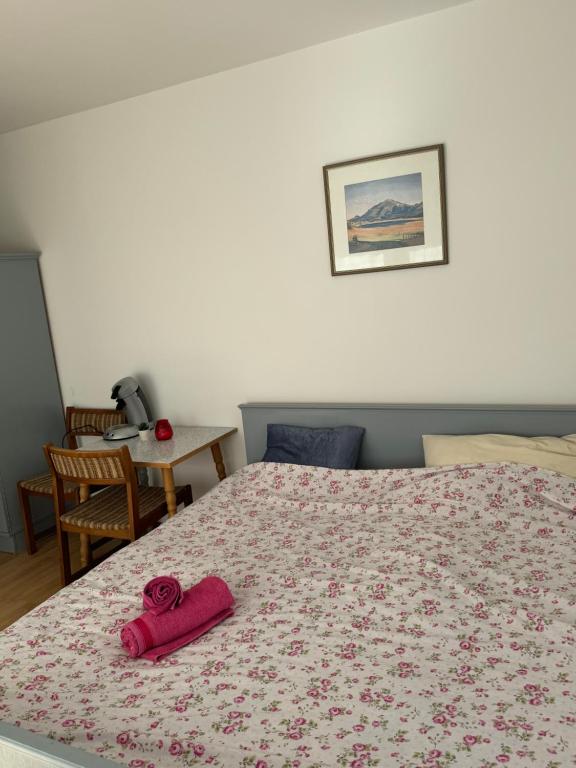 - un lit avec une serviette rose dans l'établissement Guesthouse-Mother, à Sankt Kanzian