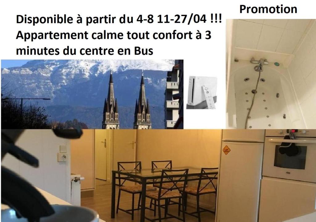 a picture of a dining room with a table and chairs at Appart chartreux baignoire massante ,à 2 minutes du centre! in Voiron