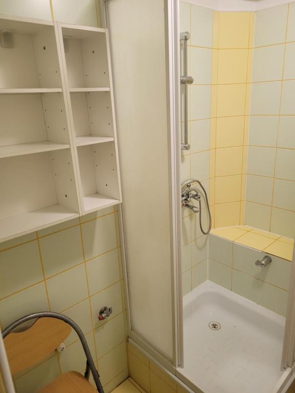 a small bathroom with a shower and a tub at Rozalia in Wisełka