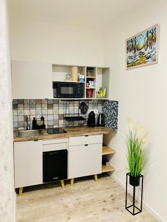 a kitchen with a sink and a microwave at ÉDES ÁLOM VENDÉGHÁZ in Szekszárd