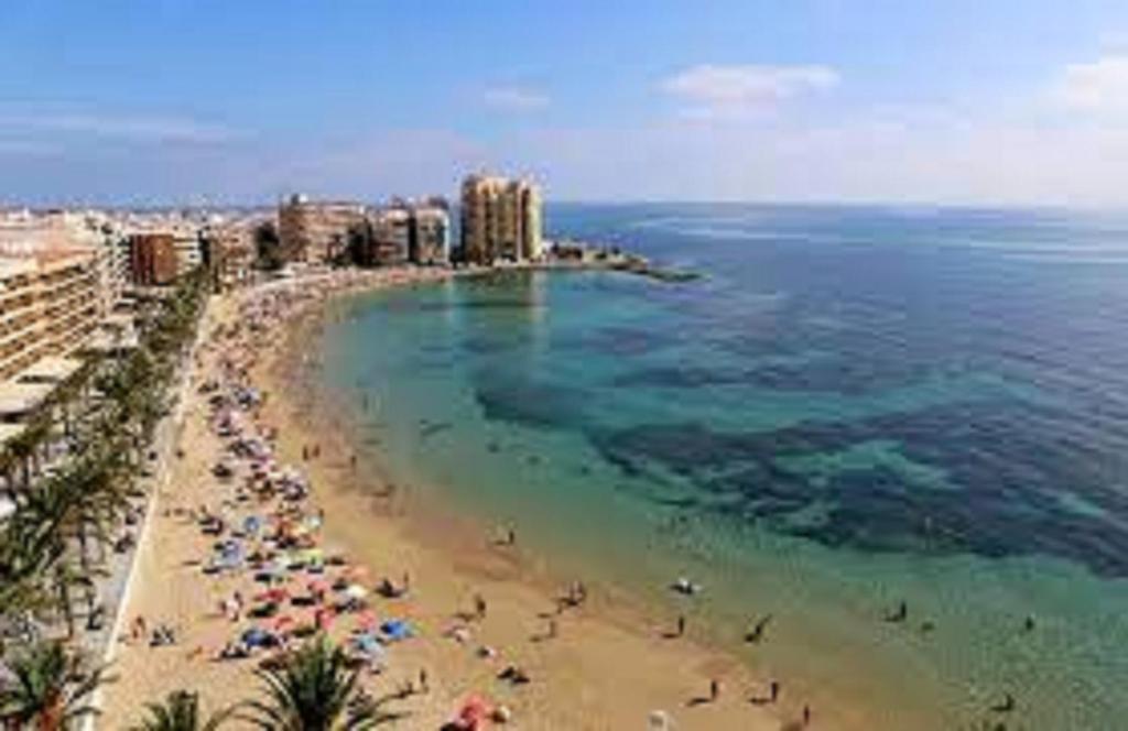 a beach with a bunch of people and the ocean at Sol, mar y arena in Torrevieja
