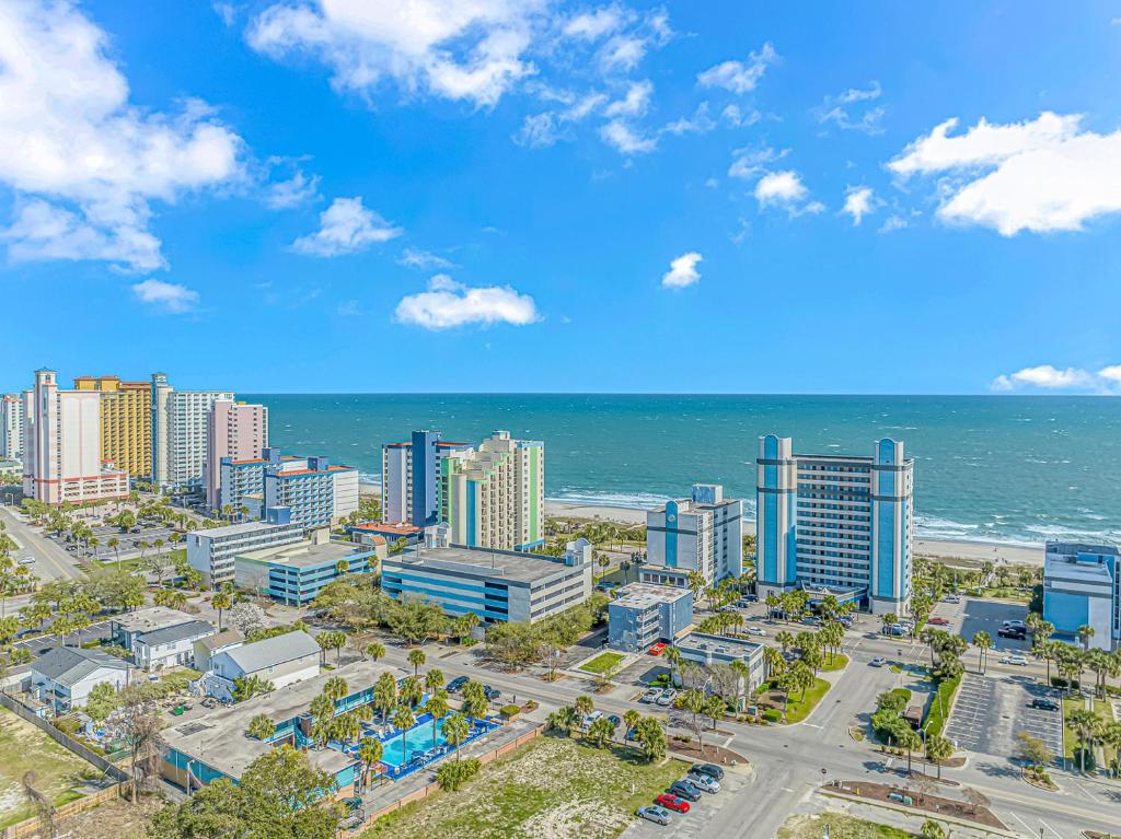 an aerial view of a city and the ocean at Sun Fun in Myrtle Beach