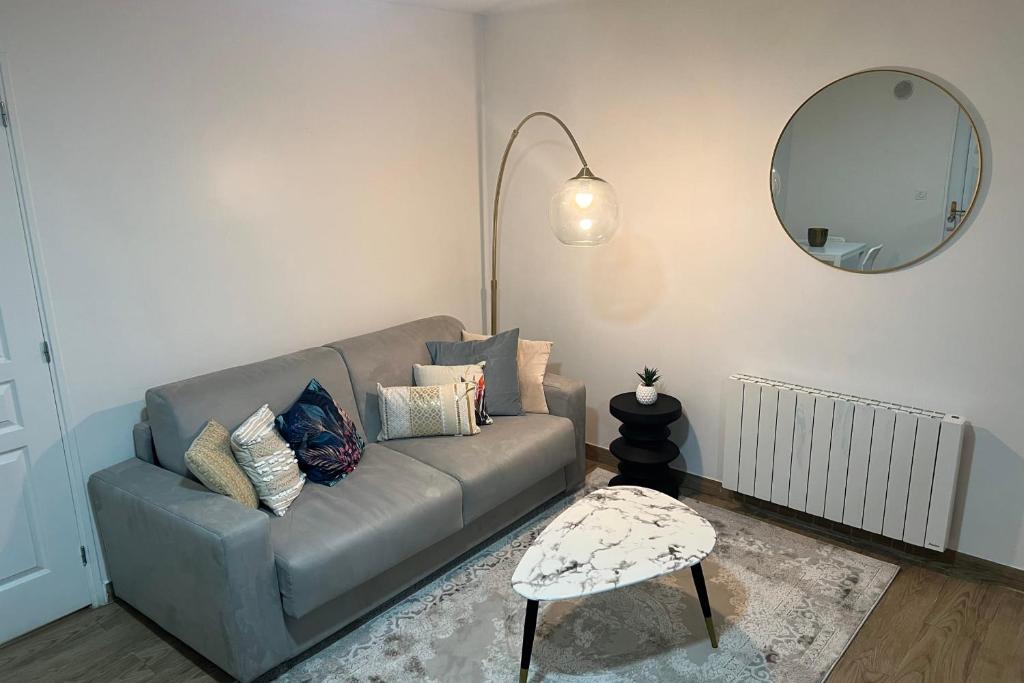 ein Wohnzimmer mit einem Sofa und einem Spiegel in der Unterkunft Bondy15 Gare Paris Disney in Bondy