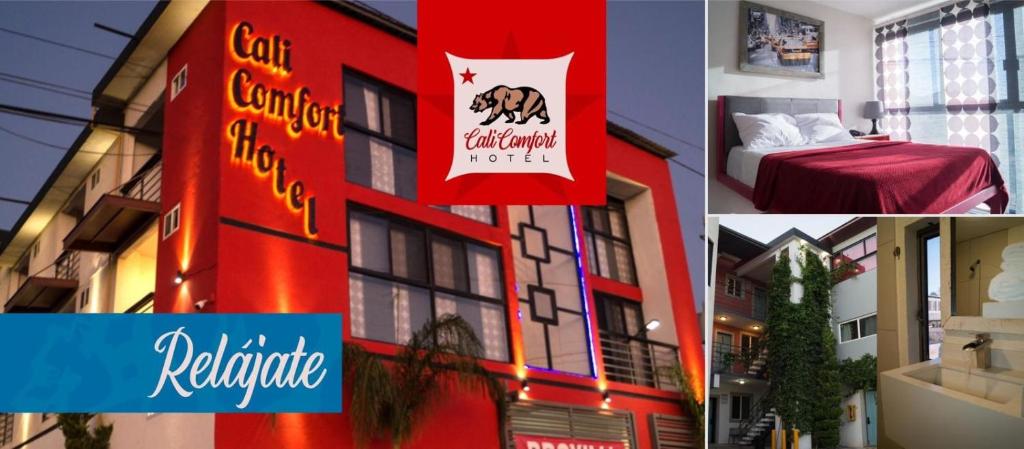 uma colagem de fotografias de um hotel com um edifício vermelho em HOTEL CALICOMFORT em Tecate