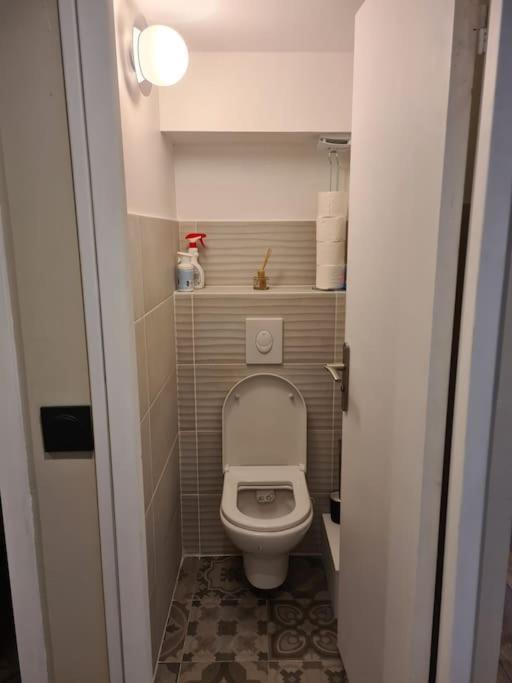 a small bathroom with a toilet with the lid up at Chalet Le Parc de Latour, au pied de la montagne in Latour-de-Carol