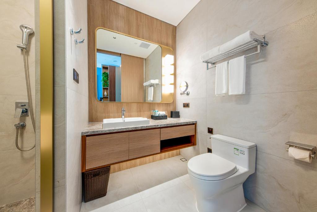 a bathroom with a toilet and a sink and a mirror at Sha Zhi Ye Serviced Apartment Hotel - Houjie Wanda Plaza Liaoxia Subway Station in Dongguan
