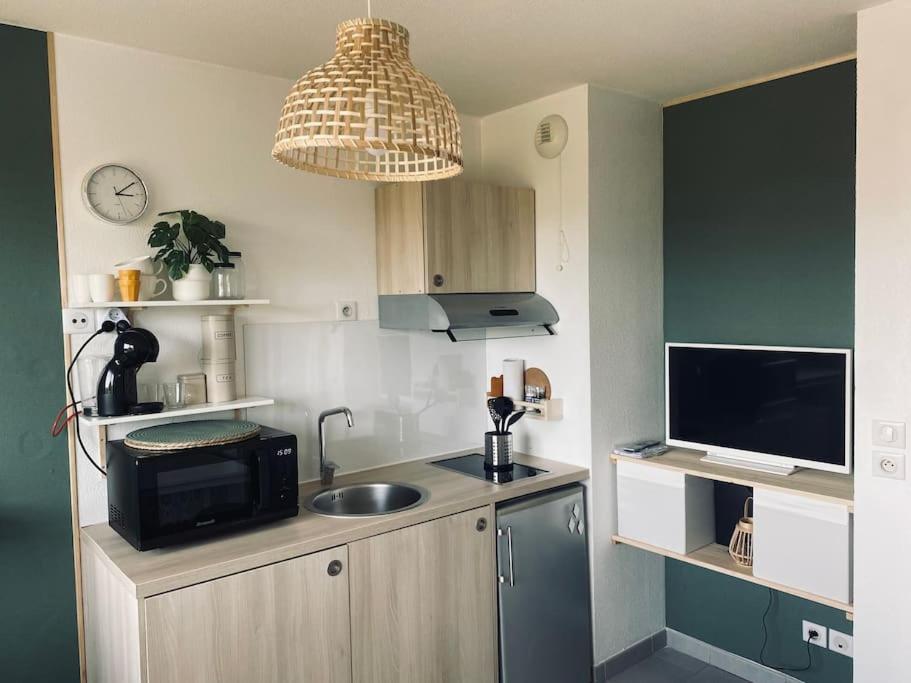 une petite cuisine avec un évier et un micro-ondes dans l'établissement Studio fonctionnel quartier faculté St Jérôme, à Marseille