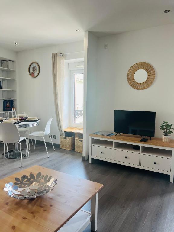 un salon avec une télévision et une table dans l'établissement Le cosy de la Dent du Chat - Classé 3 étoiles - Hyper centre Aix les Bains, à Aix-les-Bains