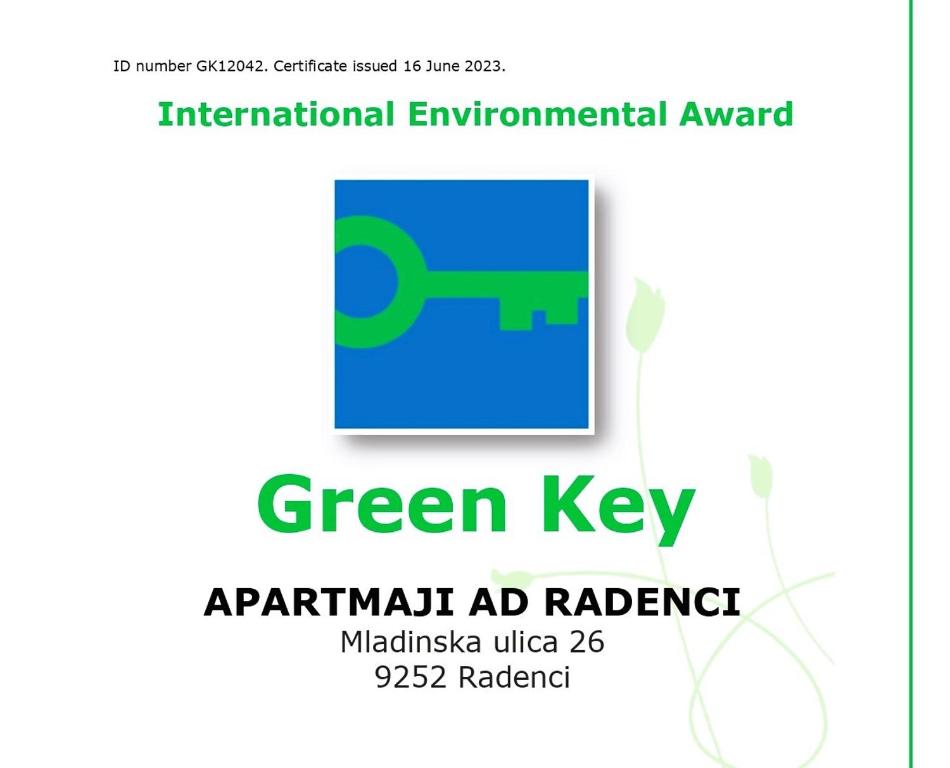 Certifikát, hodnocení, plakát nebo jiný dokument vystavený v ubytování Apartments AD Radenci