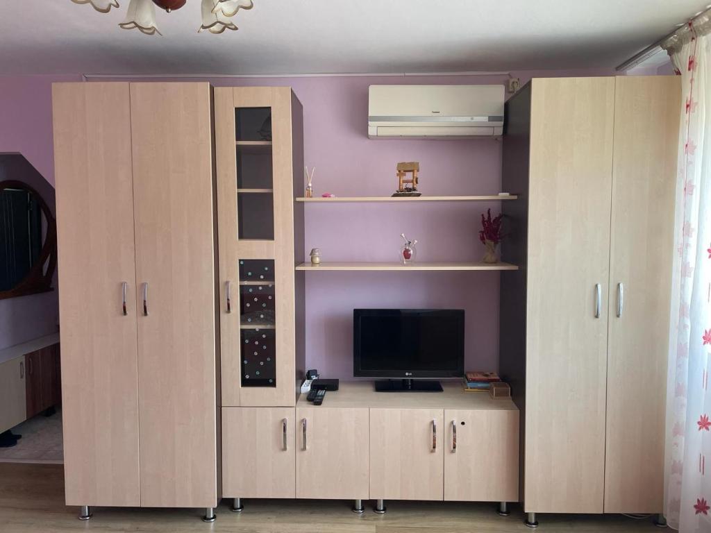 a room with wooden cabinets and a tv on a shelf at Cozy Apartment in Bacău