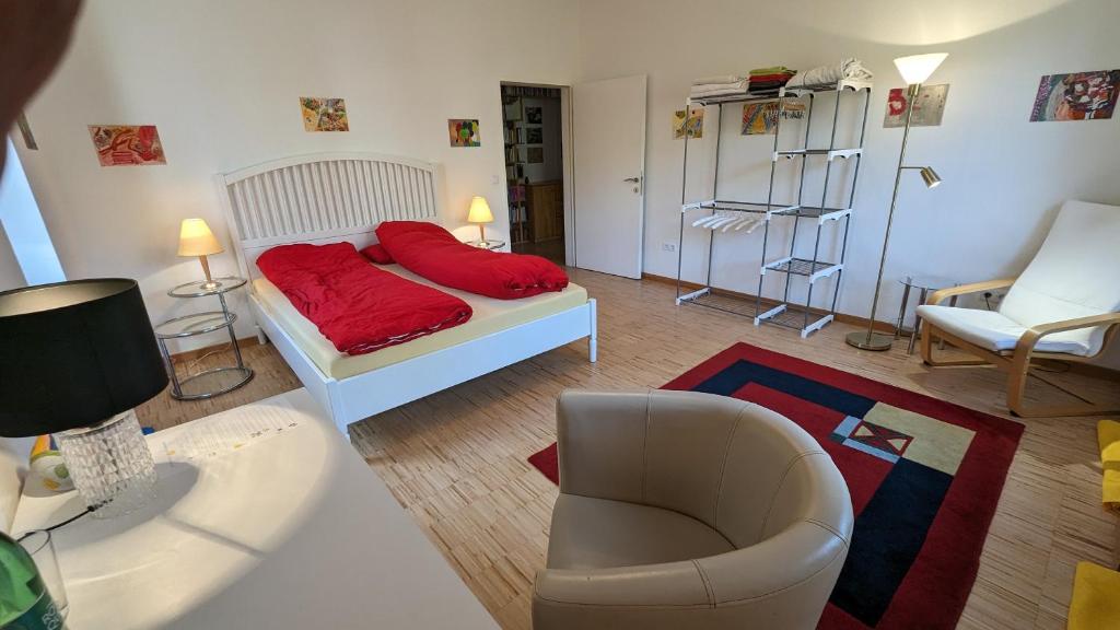 Un dormitorio con una cama con almohadas rojas y una silla en 20 min nach Wien, Ruhig und Grün, en Klosterneuburg