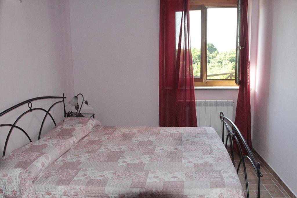 a bedroom with a bed and a window with red curtains at Agriturismo Vallesessanta in Grotte di Castro
