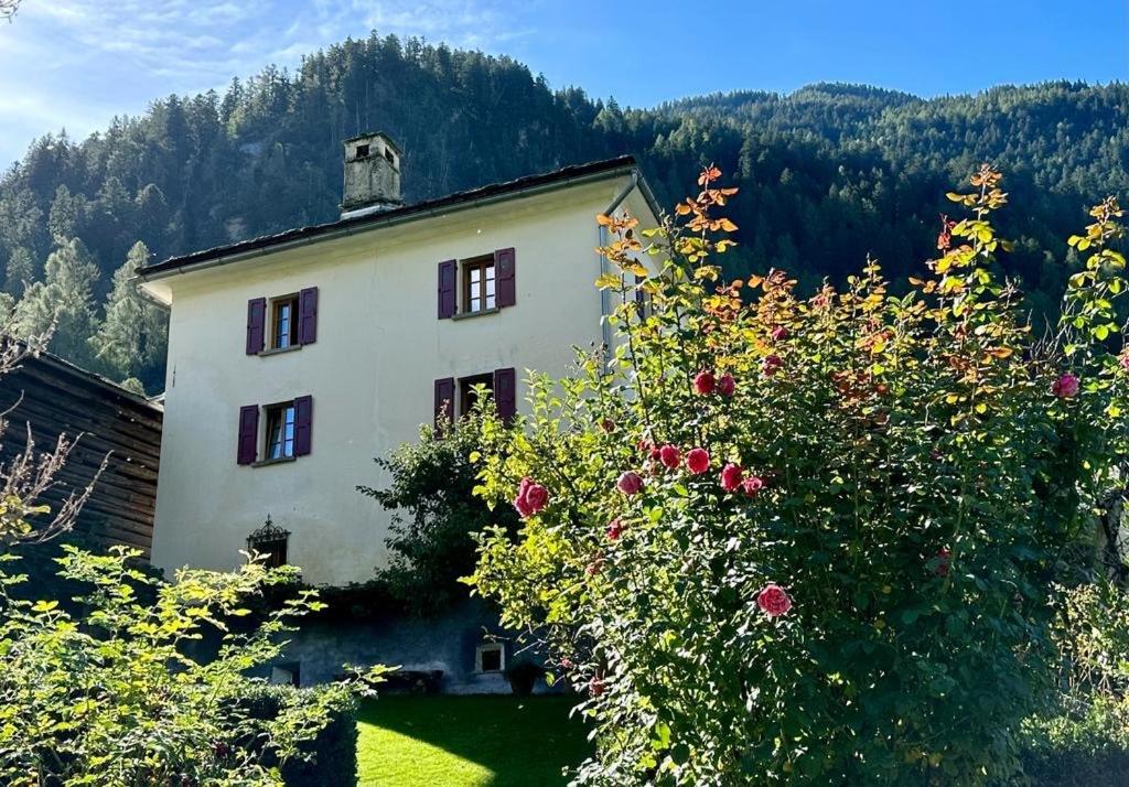 una casa vieja en las montañas con flores en Bondo Bergell, en Promontogno
