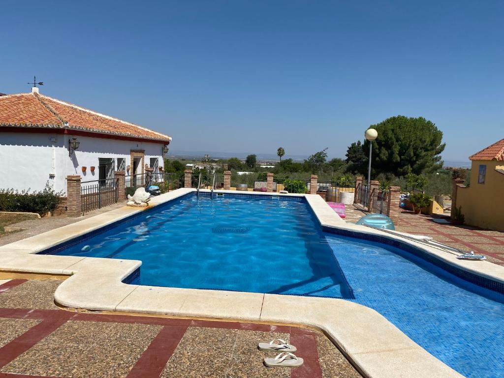 a large blue swimming pool in front of a house at Finca el Paradisus in Carmona