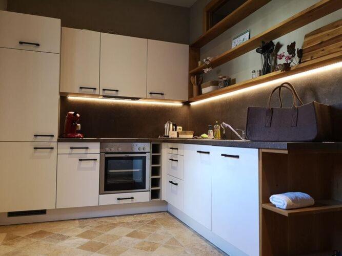 una cocina con armarios blancos, fregadero y bolso en Apartment with private pool, garden, en Oppurg