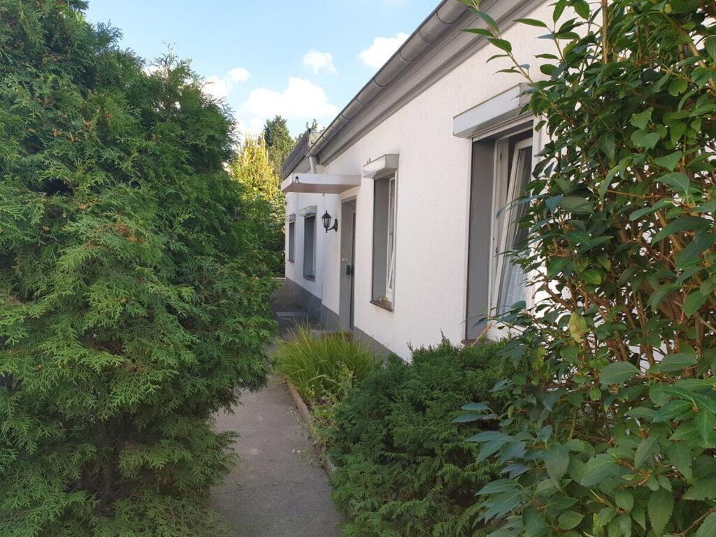una casa blanca con una pasarela junto a un patio en Holiday apartment Alstaden 1, en Oberhausen