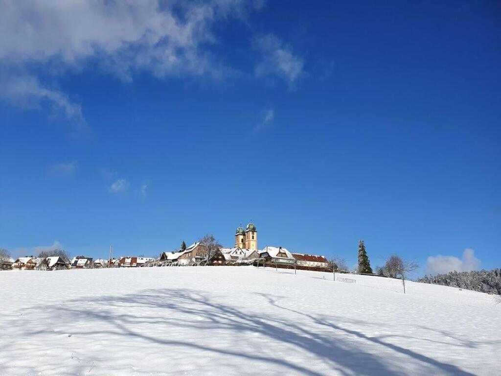 una casa en la cima de una colina nevada en Country house apartment Feldbergblick, en Sankt Märgen