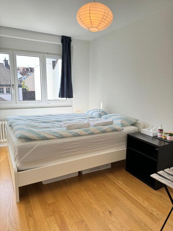 een slaapkamer met een bed, een bureau en een raam bij City Center Studio at town hall in Bazel