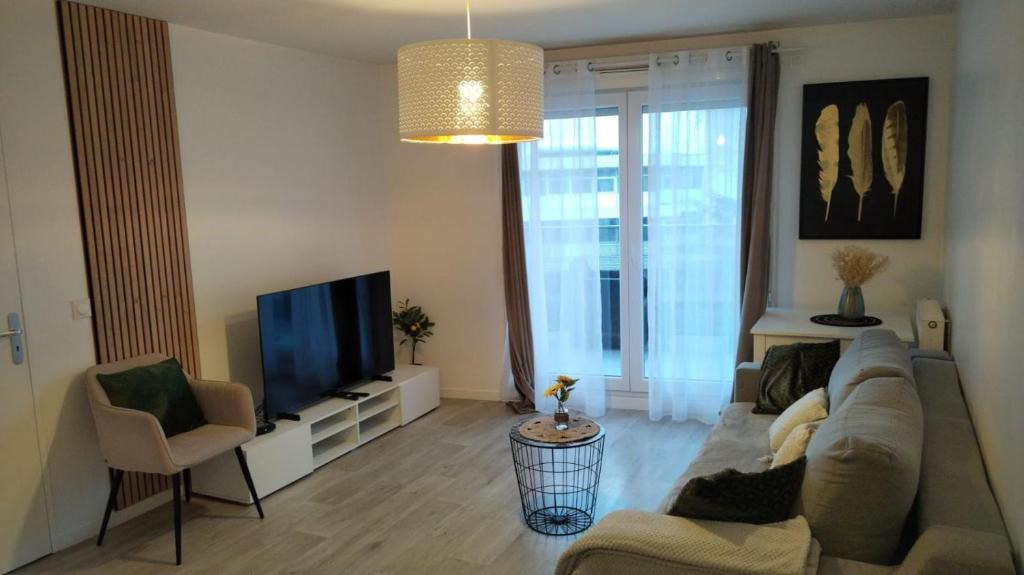 un salon avec un canapé et une télévision dans l'établissement Appartement aux portes de Paris, à Villeneuve-la-Garenne