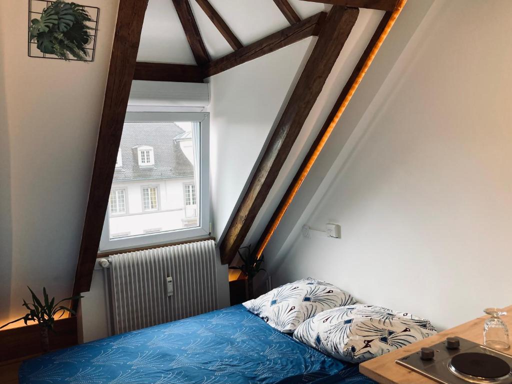 - une petite chambre avec un lit et une fenêtre dans l'établissement Strasbourg quartier de l’orangerie, à Strasbourg