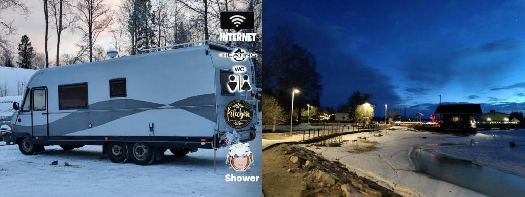 a blue trailer is parked in the snow at Helsinki's Caravan Adventureヅ in Helsinki