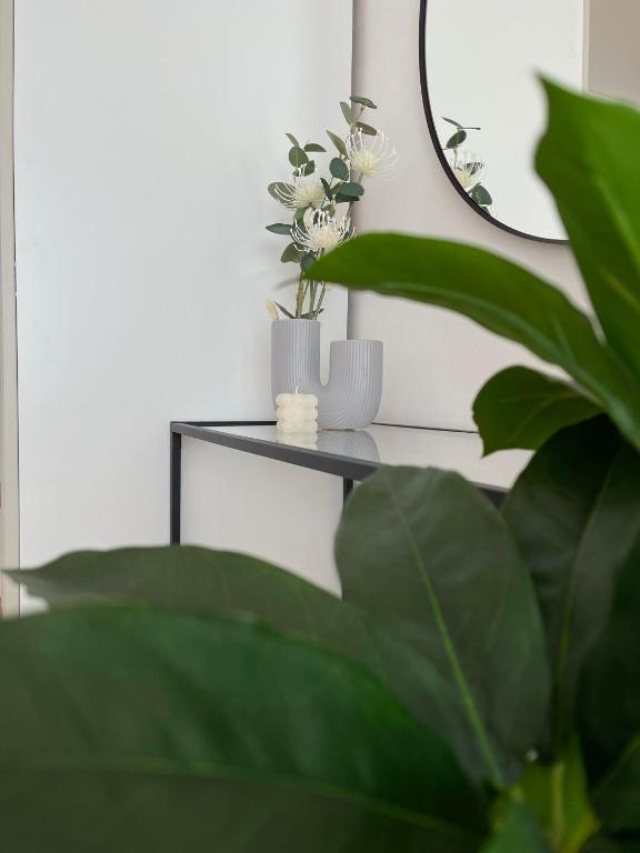 a table with a mirror and a plant at Queens Peak Apartment in Cologne