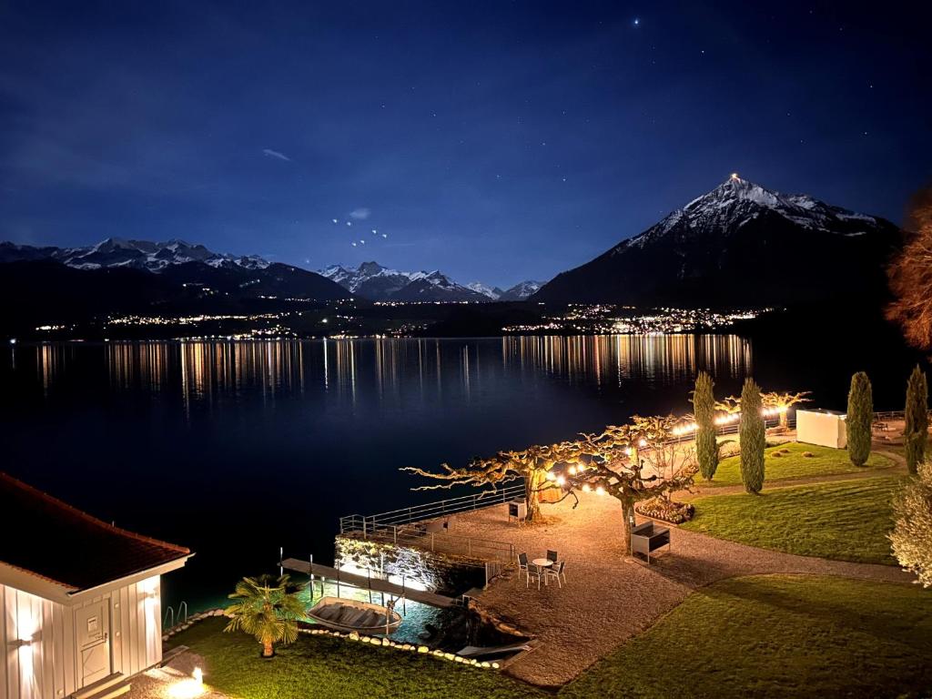 Blick auf einen See in der Nacht mit einem Berg in der Unterkunft Ferienwohnung Attika in Sigriswil