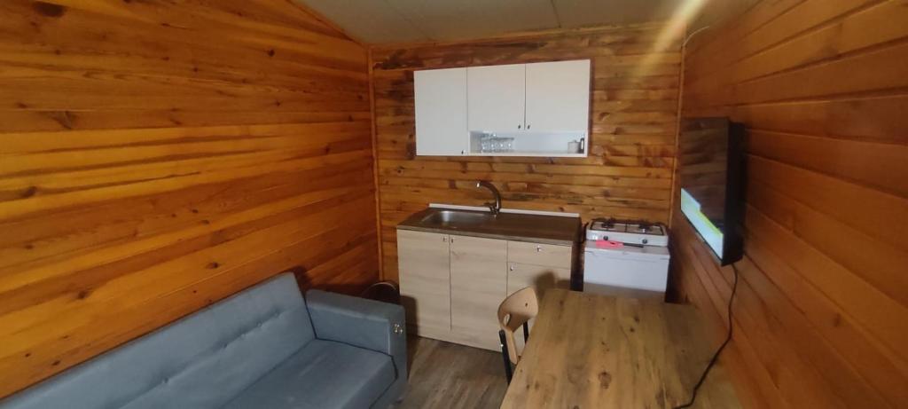 eine Küche mit einem Sofa und einem Tisch in einem Zimmer in der Unterkunft Adrasan Yıldız Bungalow Tatil Köyü in Adrasan