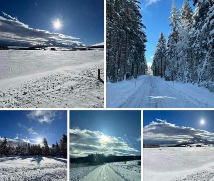 a collage of four pictures of a snow covered field at Chalet Hibou Domaine de la Mamounette in Champclause