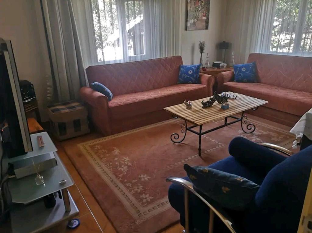 a living room with two couches and a coffee table at Canerbey Çiftlik Dağ Evi 2 in Ovacık