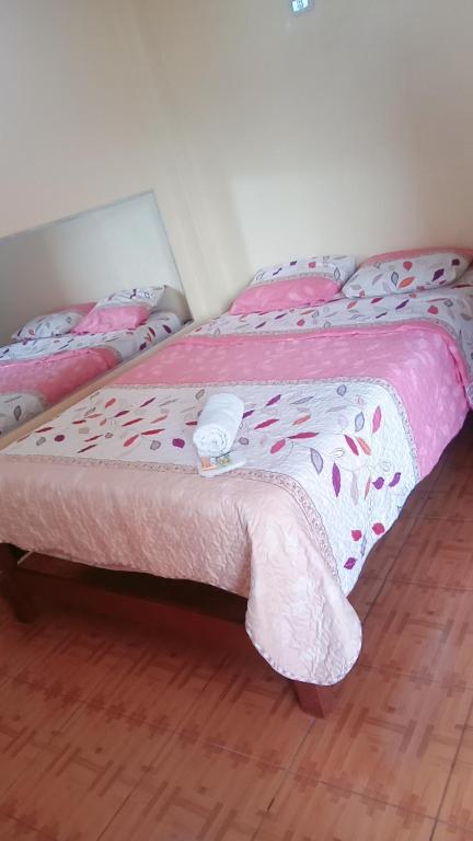 Hospedaje PARAISO في اياكوتشو: غرفة نوم بسريرين مع لحاف وردي