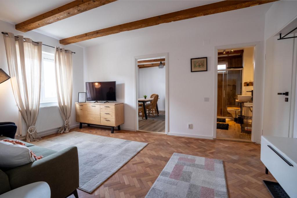 a living room with a couch and a tv at Middle Apartments in Braşov