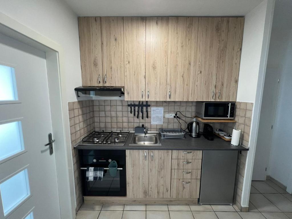a small kitchen with a stove and a sink at Apartmán u Lukáša in Žilina
