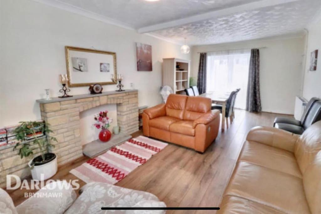 a living room with a couch and a fireplace at Aderyn Mawr Cottage in Blaina