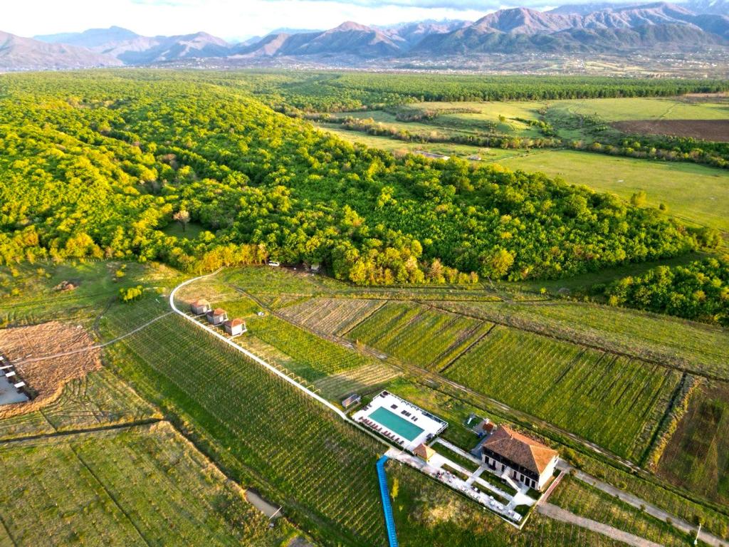 an aerial view of a farm with a house at Chateau Vartsikhe in Varts'ikhe