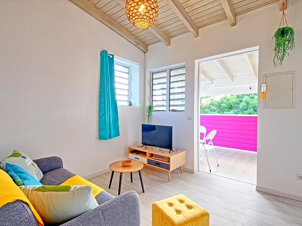 a living room with a couch and a tv at Appartement Saint-Martin , 2 pièces, 3 personnes - FR-1-734-15 in Saint Martin