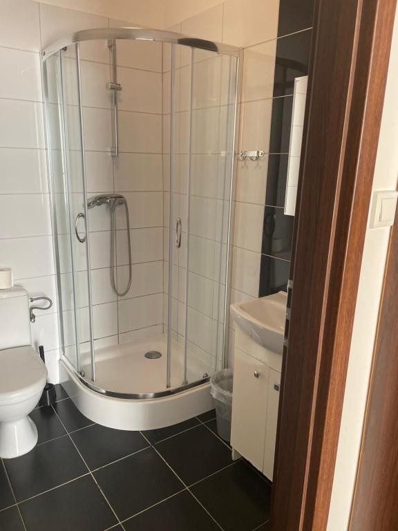 y baño con ducha, aseo y lavamanos. en KOLONIA HOTEL en Świdnica