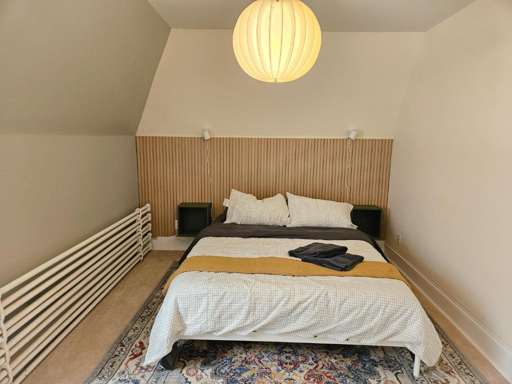 a bedroom with a bed and a chandelier at Ottawa Downtown Cozy Guesthouse in Ottawa