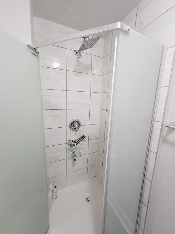 a shower with a glass door in a bathroom at Ottawa Downtown Cozy Guesthouse in Ottawa