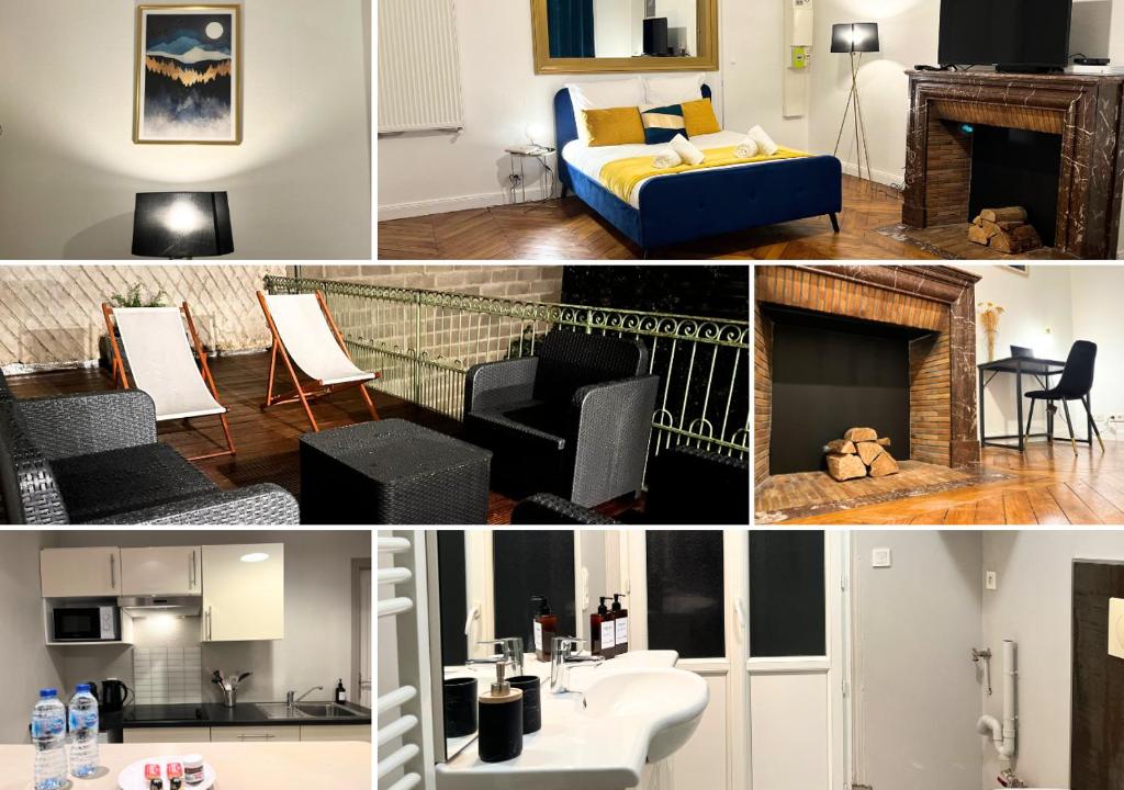 a collage of photos of a living room and a bedroom at Le Charme D&#39;Antan in Évreux