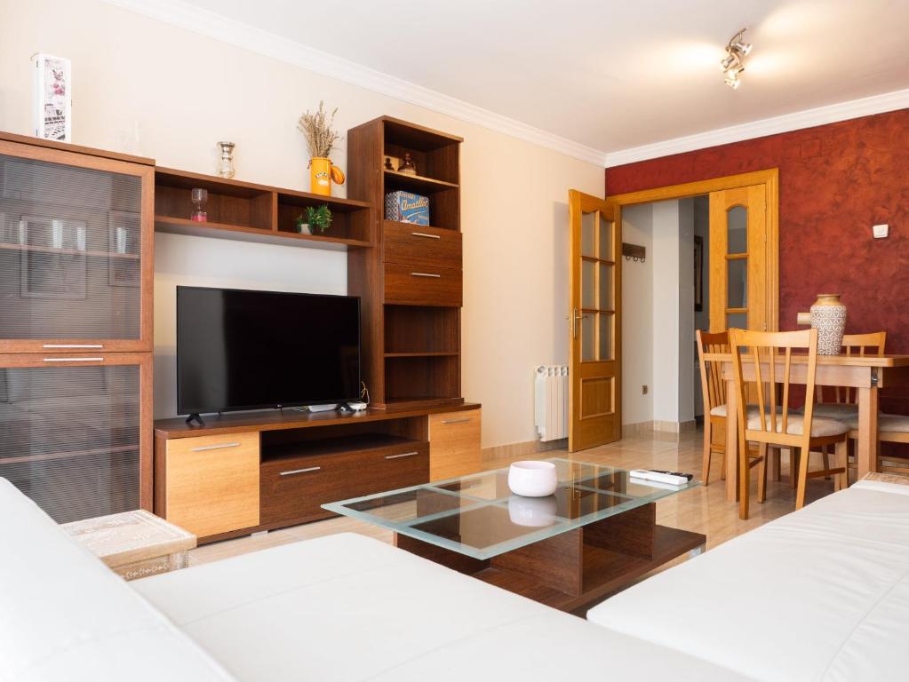 una sala de estar con un televisor y una mesa en Apartamento "EL PEDROSO", en Tordesillas