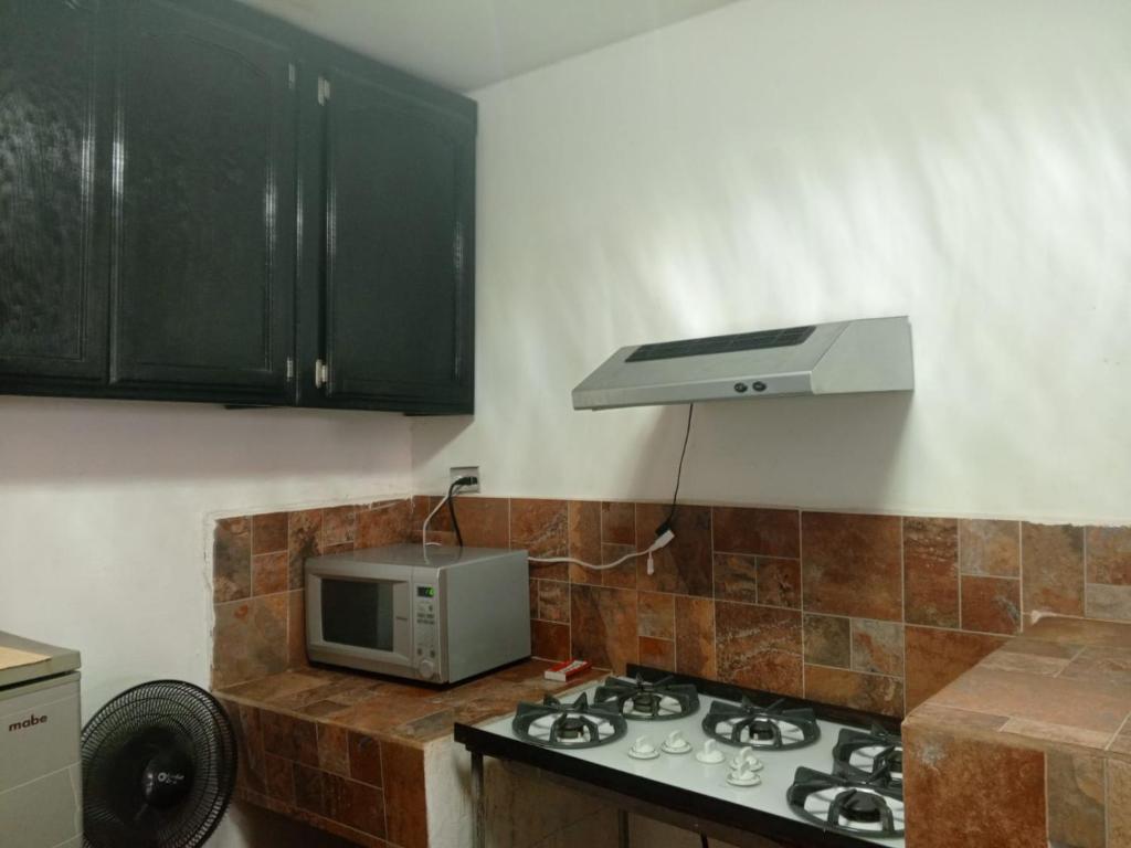eine Küche mit einem Herd und einer Mikrowelle in der Unterkunft Estudio Comodo y Tranquilo in Mexicali